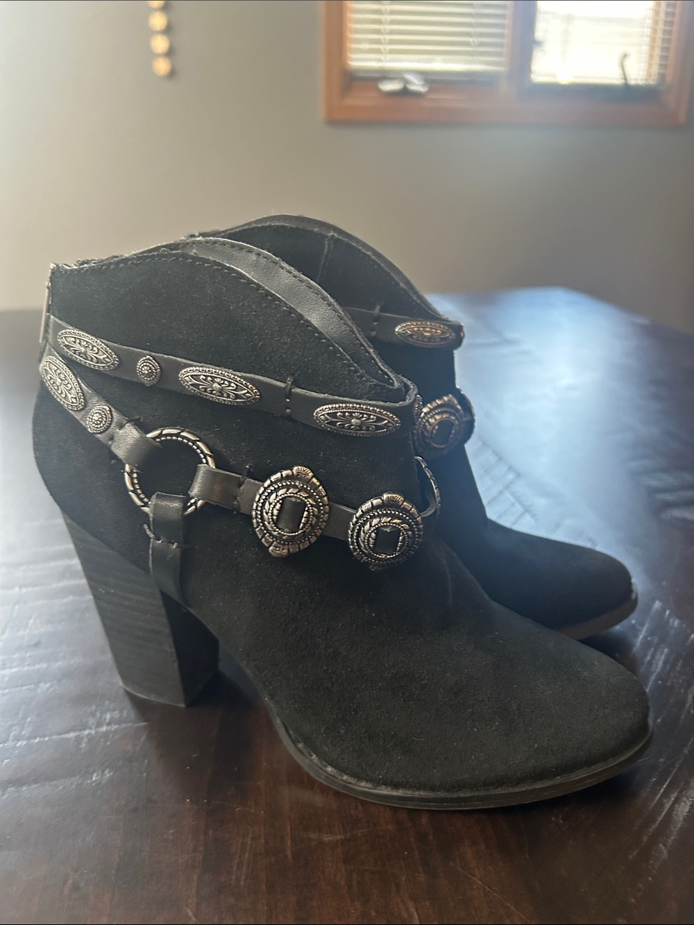 Reba Black Suede Ankle Boots with Decorative Concho Straps